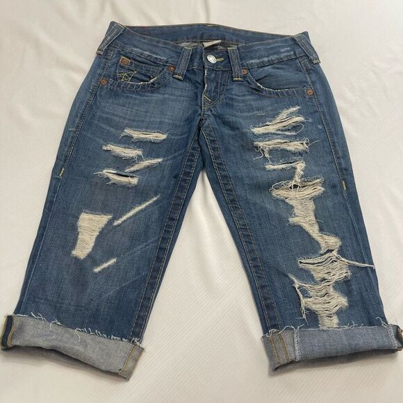 True Religion Destroyed Cut Off Y2K Denim Capri Cropped Shorts Size 28 - Picture 1 of 10